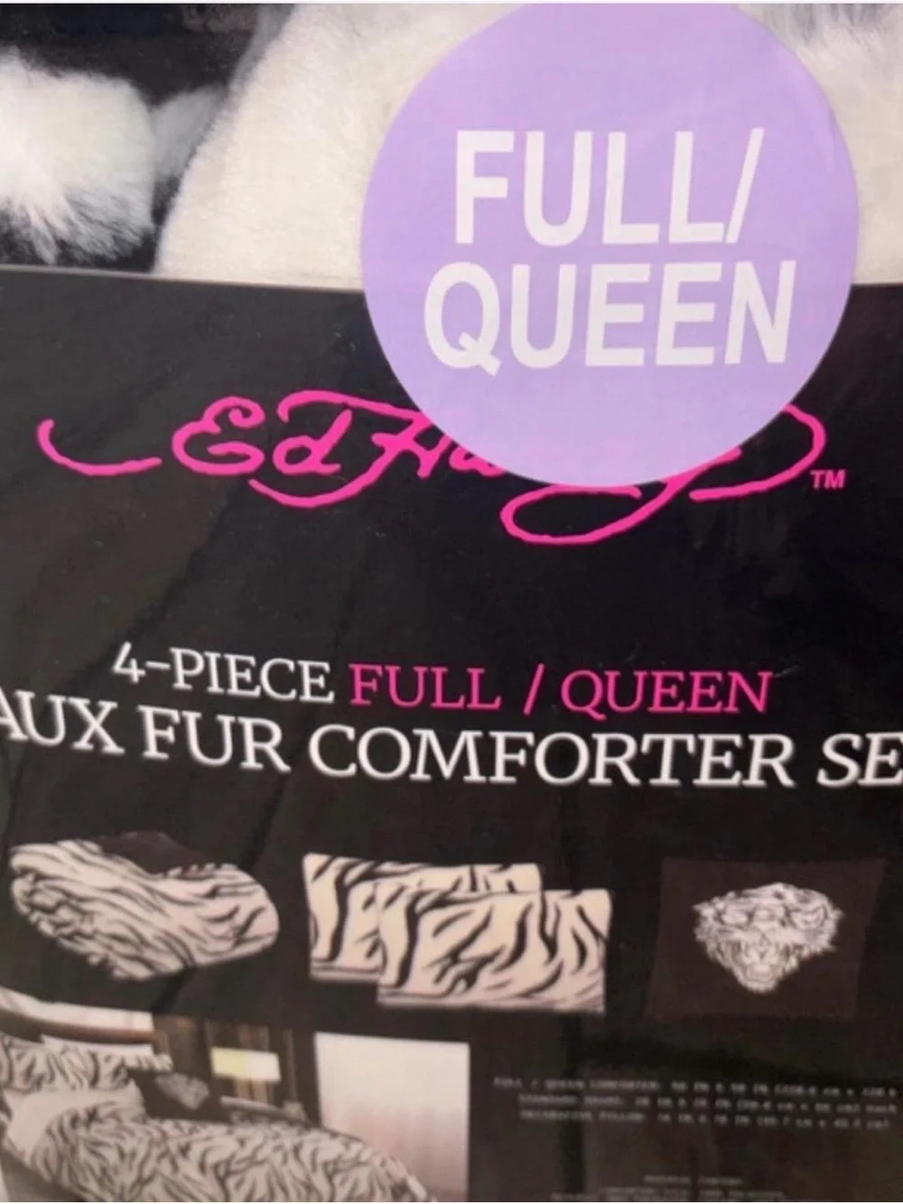 Ed Hardy Black and White Zebra Faux Fur Comforter Set - Full/Queen